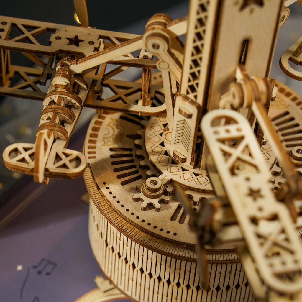 Wooden control tower model with three biplanes rotating on gear-driven motion, a wind-up music box for aviation fans