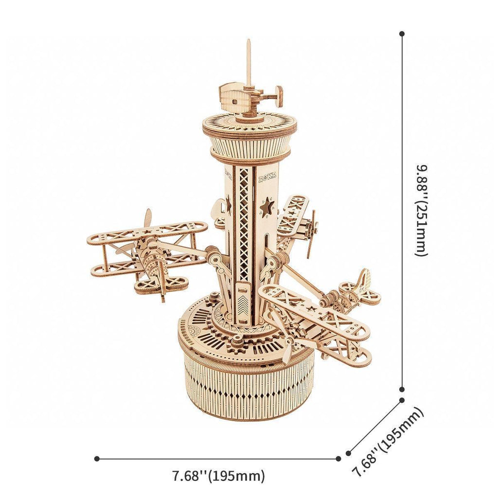 Aviation themed wooden model kit and music box gift for collectors, a rotating biplane centerpiece for a desk display