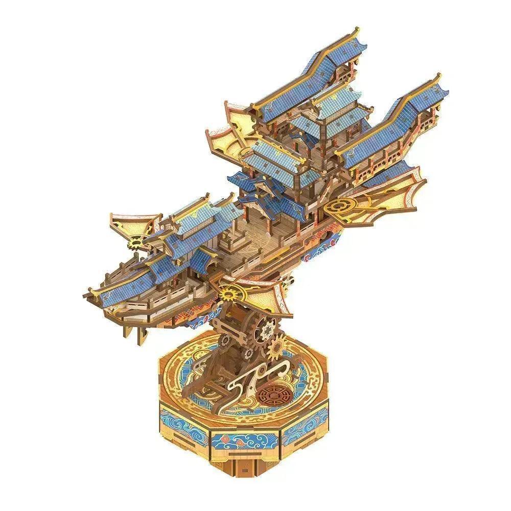 Sky Voyager 3D wooden airship music box puzzle, a mechanical pavilion model kit on a gear driven base for adults