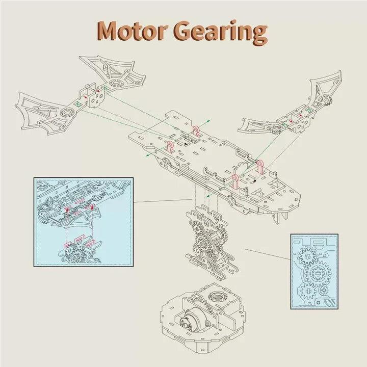 Motor gearing layout of the Sky Voyager airship puzzle showing the wooden gear train that drives the music box