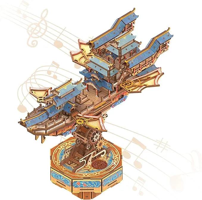 Sky Voyager airship puzzle with a touch music box that plays a melody, a gear driven wooden display piece for adults