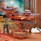 Sky Voyager pavilion airship displayed as steampunk shelf decor beside collectible figurines, a screen free build gift