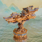 Sky Voyager flying palace airship floating over misty peaks, an intricate 396 piece wooden puzzle for adult hobbyists