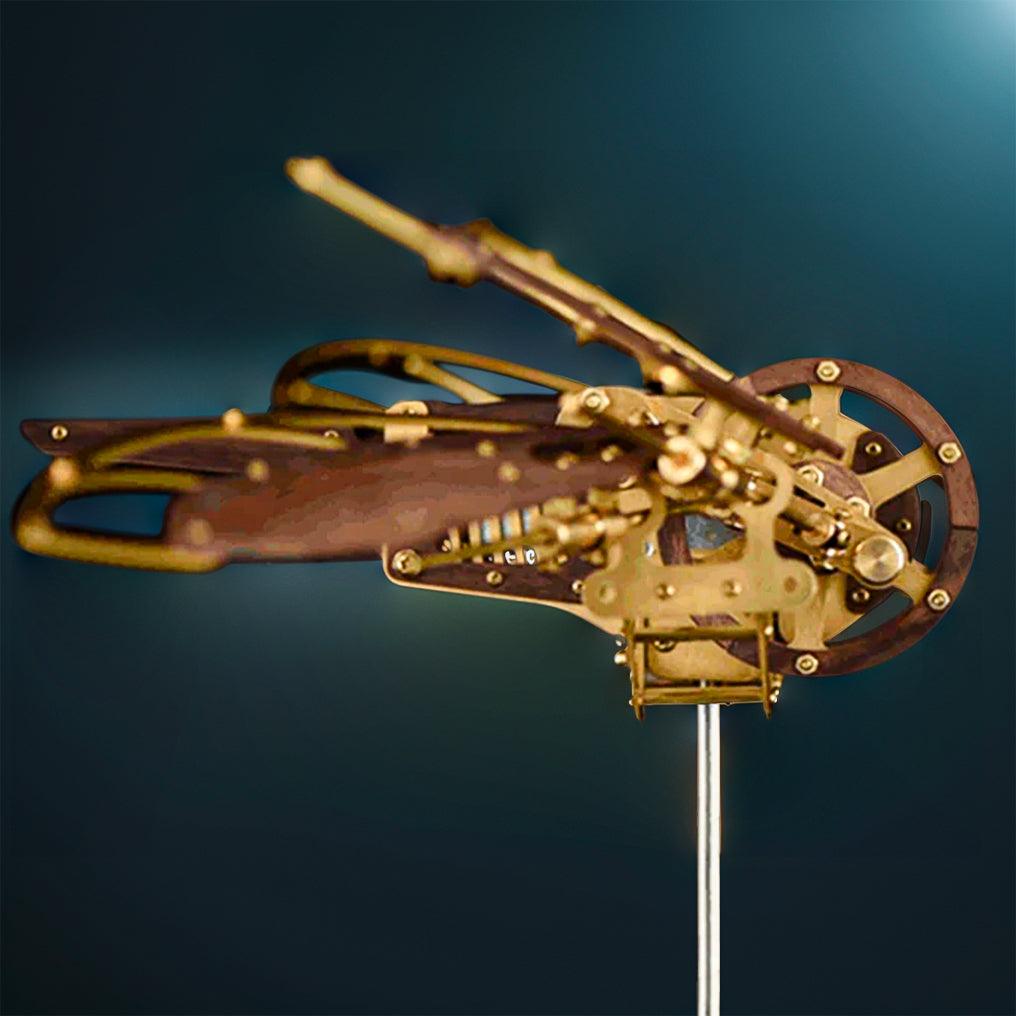 USB or AA battery powered mechanical aircraft model with moving wings and brass walnut build for hobbyist desk decor