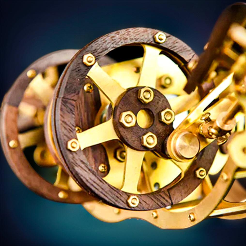 Brass and walnut mechanical aircraft model kit as a kinetic collector centerpiece for a desk, studio, or bookshelf