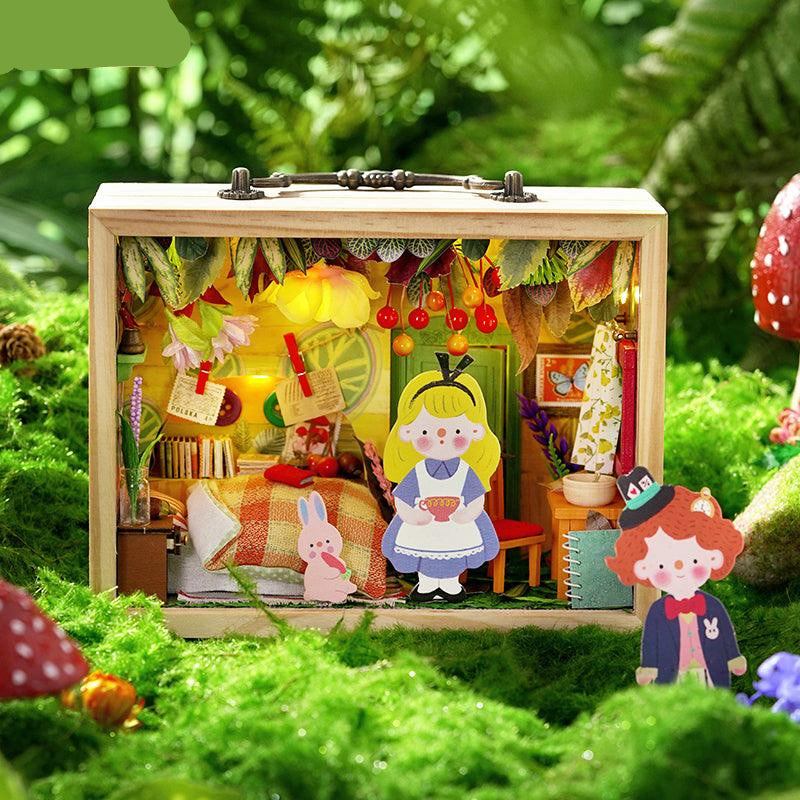 Forest House woodland miniature dollhouse kit with LED lighting and a built in music box, a whimsical 1:24 wooden box scene Forest House