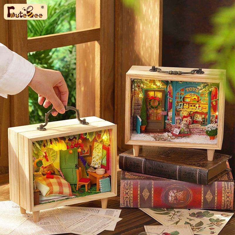 Compact miniature dollhouse kits with LED lighting and a music box, woodland and toy shop 1:24 wooden box designs to collect Forest House, Dream Store