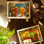 Two compact miniature dollhouse kits with LED lighting and a music box, illuminated 1:24 wooden box designs for desk and shelf Forest House, Dream Store