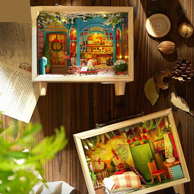 Two compact miniature dollhouse kits with LED lighting and a music box, illuminated 1:24 wooden box designs for desk and shelf Forest House, Dream Store