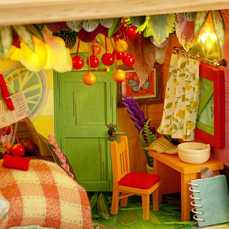 Woodland cottage miniature dollhouse interior with hanging cherries, LED lighting and detailed furniture, a wooden craft kit Forest House
