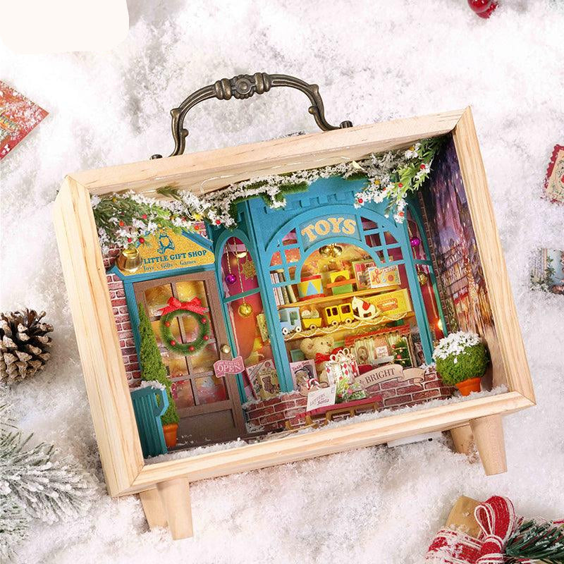Dream Store Christmas toy shop miniature dollhouse kit with LED lighting and a music box, an illuminated 1:24 wooden box display Dream Store