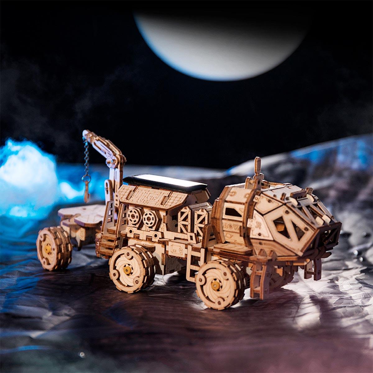 194 piece precision cut wooden rover kit with crane arm, cargo trailer and control room for hands on STEM learning