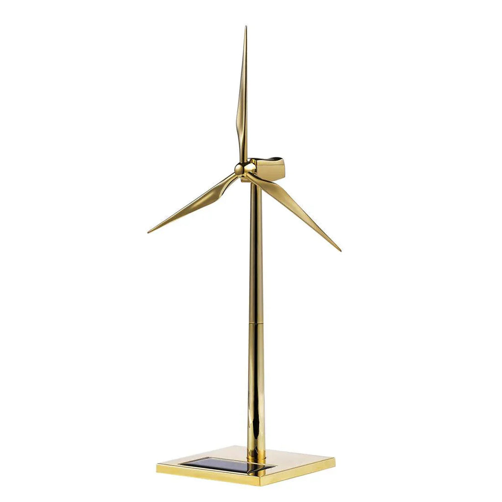 Solar powered windmill metal model kit in gold that spins in light as a kinetic desk sculpture for the home office