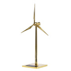 Solar powered windmill metal model kit in gold that spins in light as a kinetic desk sculpture for the home office