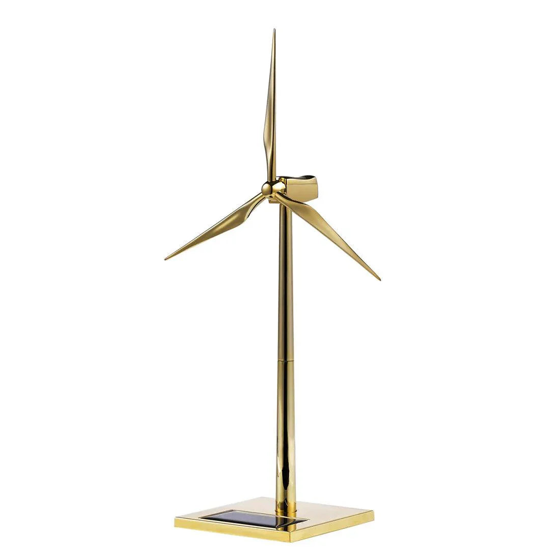 Solar powered windmill metal model kit in gold that spins in light as a kinetic desk sculpture for the home office