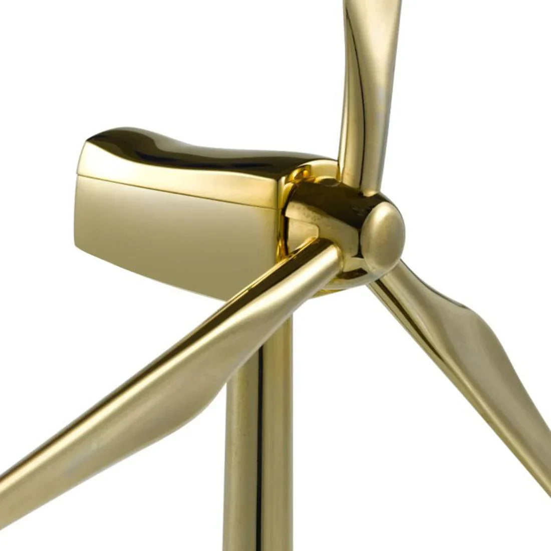 Gold wind turbine rotor with three spinning blades, a solar kinetic model kit for renewable energy desk decor