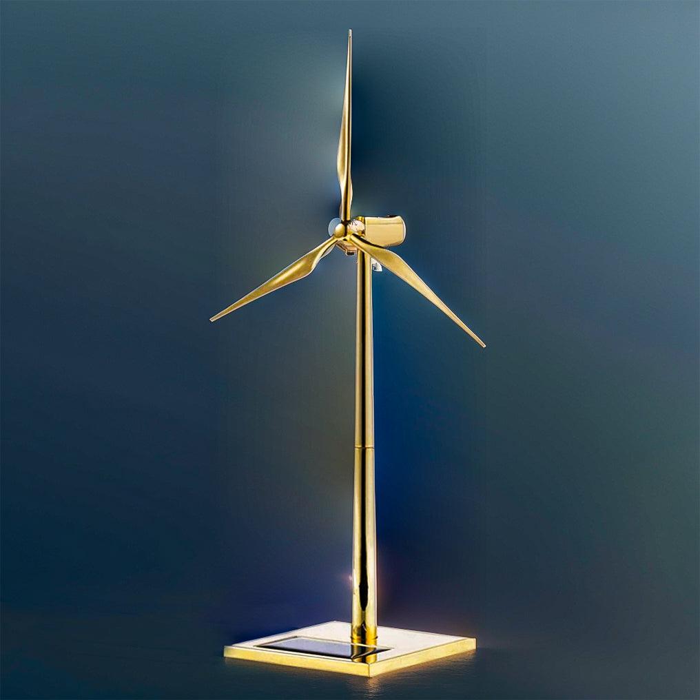 Solar wind turbine desk model in gold, a renewable energy ornament and science gift for engineers and students
