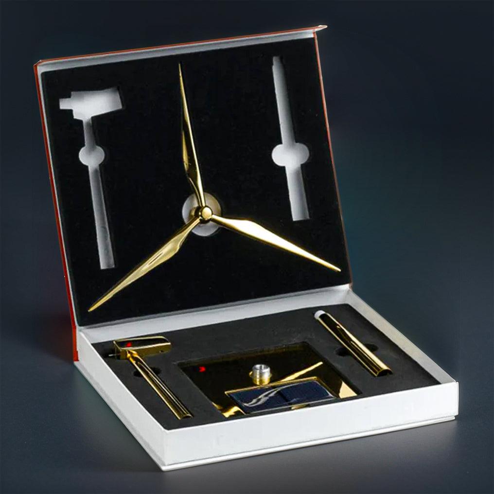 Boxed solar wind turbine model set with parts and solar base, a build your own kinetic gift for collectors
