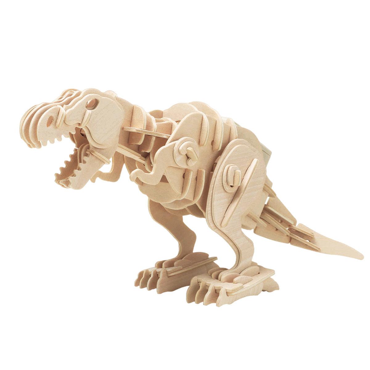 Walking T-Rex robot kit with clap sound control, an interactive wooden dinosaur that stomps and roars for kids