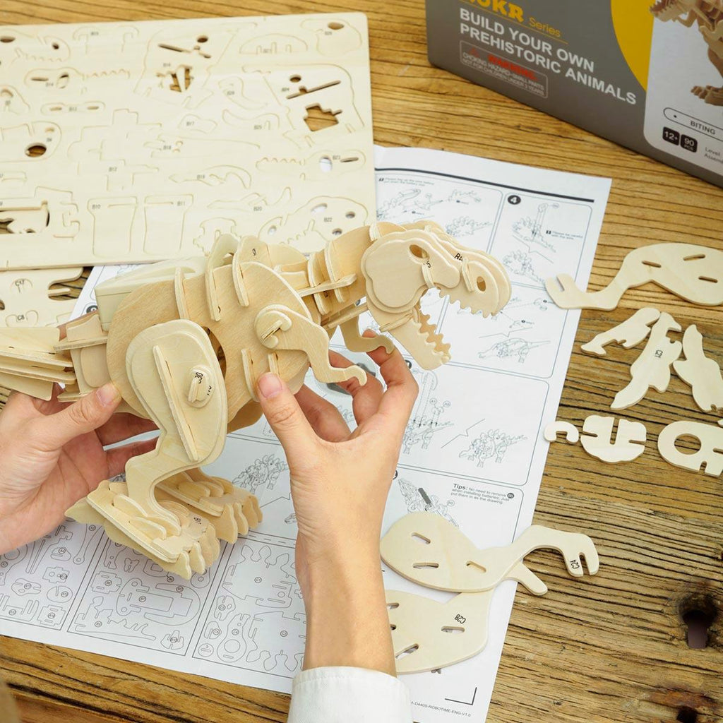 Sound activated dinosaur STEM building kit for kids, assemble the motorized wooden T-Rex as a screen-free gift
