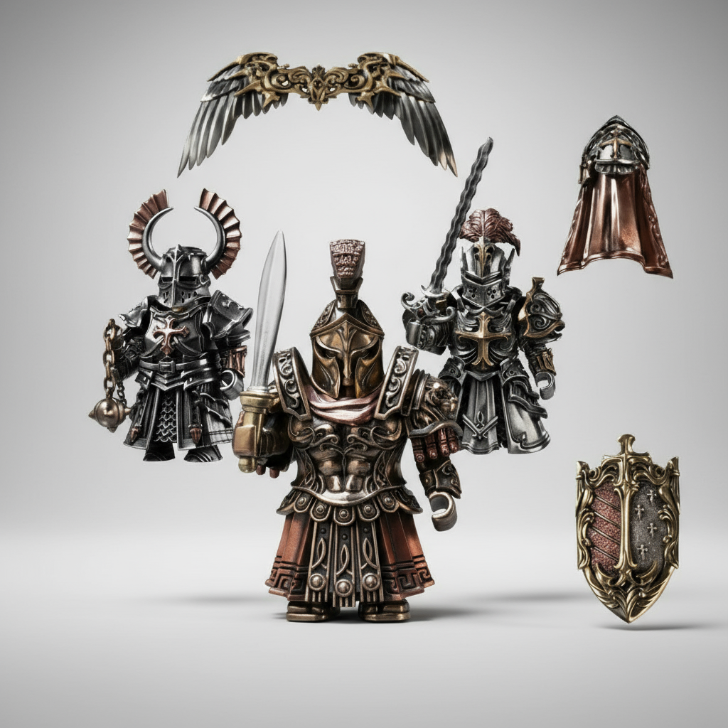 Spartan warrior bronze figurine set with Crusader and Crimson Templar knights, Holy Sword and Vowkeeper Shield for collectors SPARTAN-FIGURINE-4