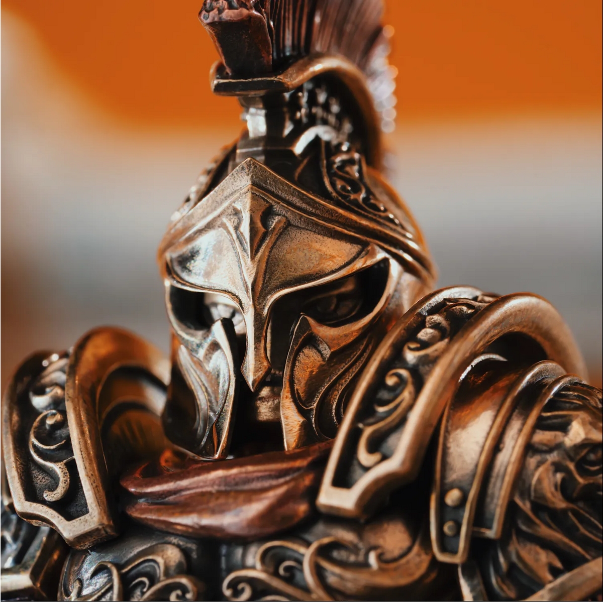 Corinthian helmet detail on a handcrafted bronze Spartan warrior figurine, an ancient Greek hoplite collectible for desk decor SPARTAN-FIGURINE-1