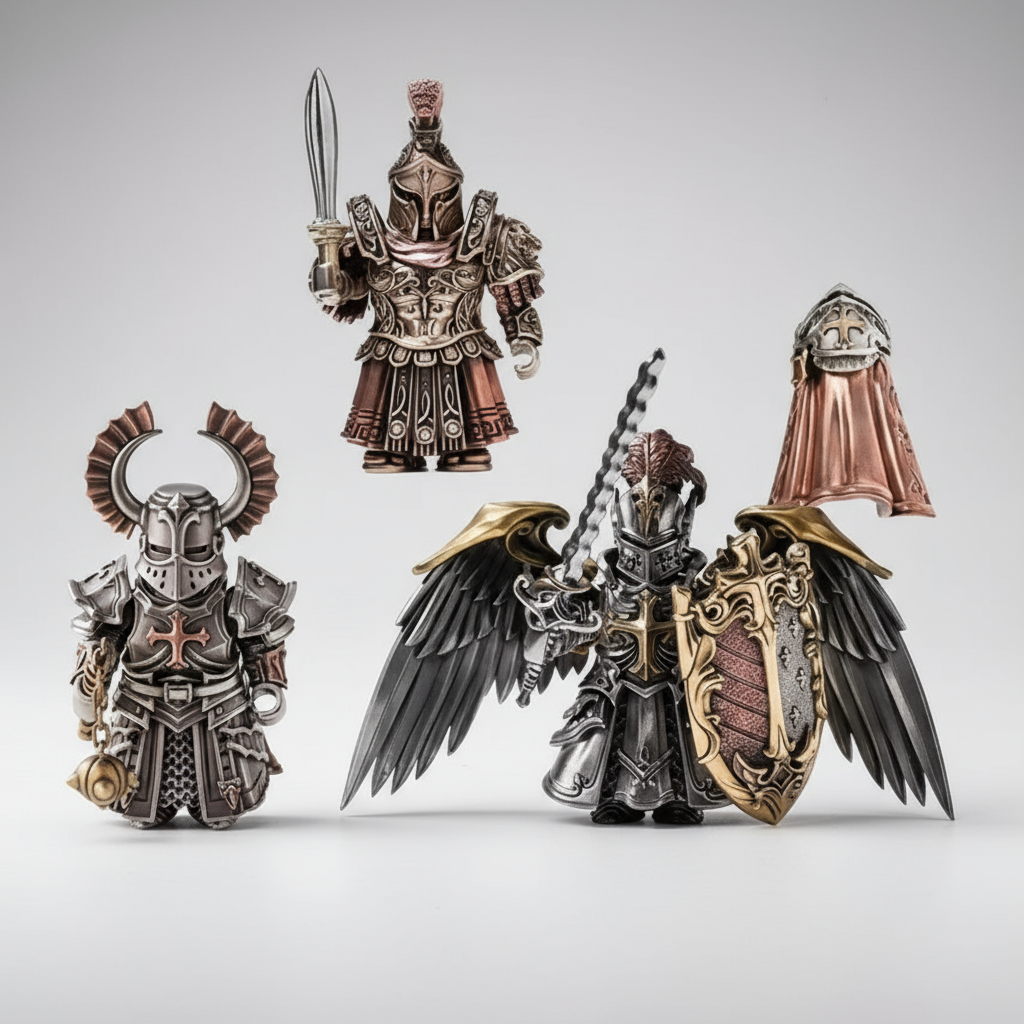 Spartan warrior figurine with Crusader and winged Crimson Templar knights, a bronze and silver fantasy statue set for collectors SPARTAN-FIGURINE-4
