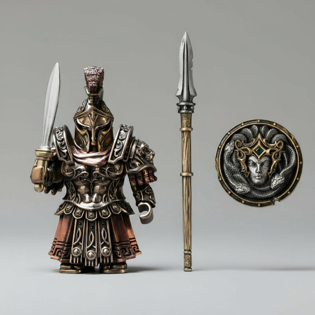 Handcrafted bronze Spartan hoplite figurine with a removable Spartan Spear and Medusa shield, a detailed ancient Greek statue SPARTAN-FIGURINE-3