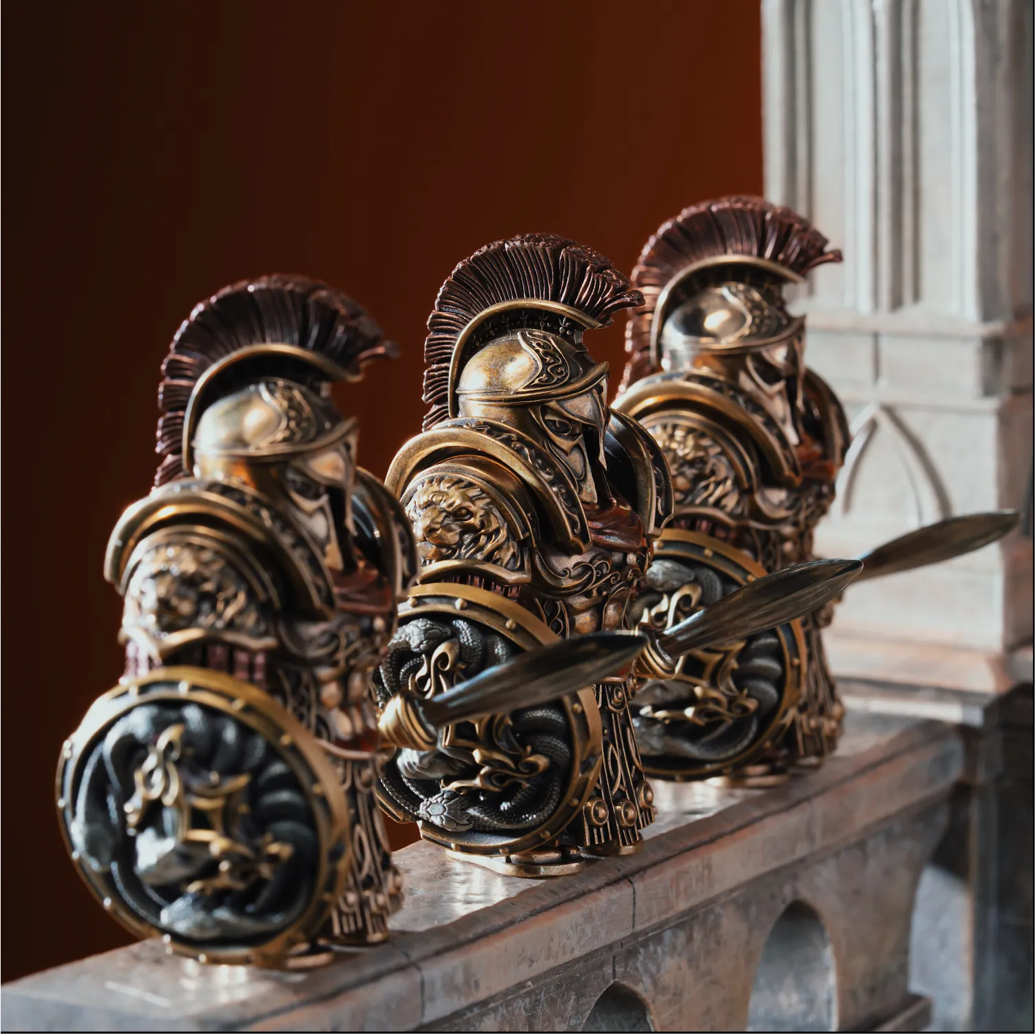 Spartan hoplite figurines with spears and Medusa serpent shields, detailed bronze warrior statues for a collector display shelf SPARTAN-FIGURINE-2, SPARTAN-FIGURINE-3
