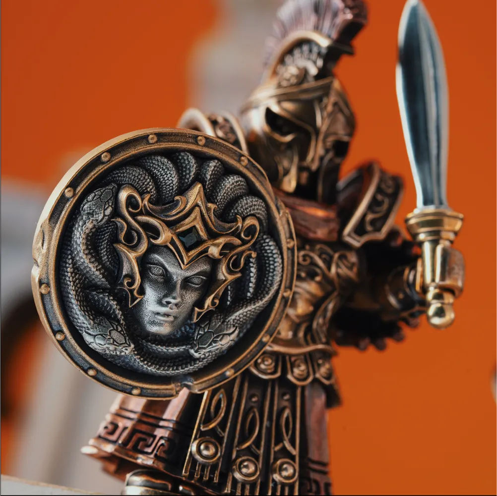 Aegis of Medusa shield with 3D serpent relief on a bronze Spartan warrior figurine, a handcrafted Greek mythology collectible SPARTAN-FIGURINE-3
