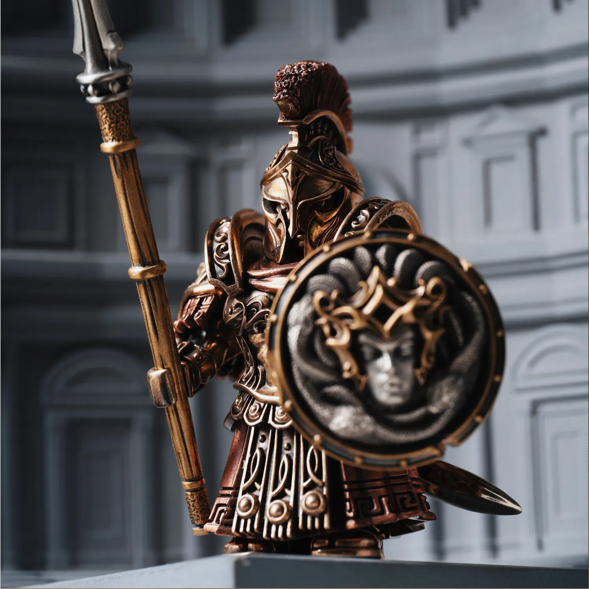 Spartan warrior metal figurine posed with the Spartan Spear and Aegis of Medusa shield, a bronze hoplite statue for desk decor SPARTAN-FIGURINE-3