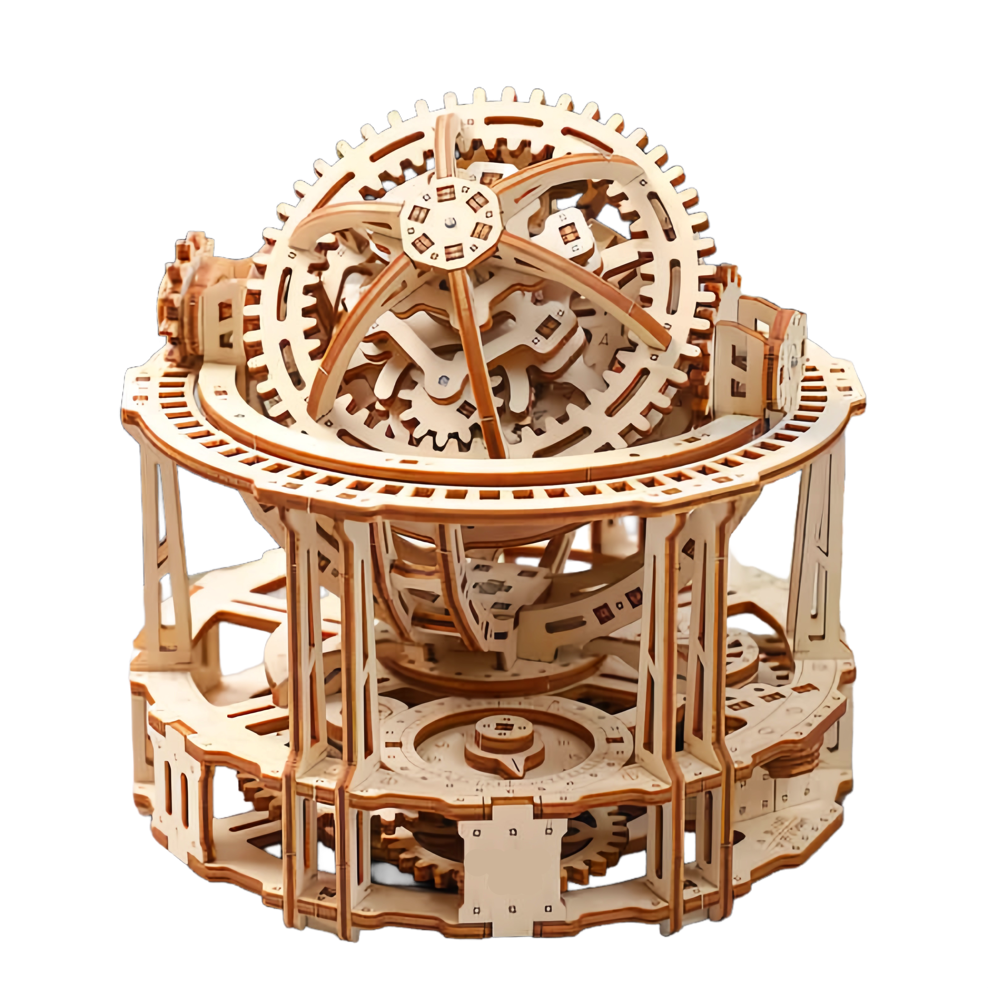 Spherical tourbillon chronograph clock kit that builds a 218 piece mechanical wooden sculpture for adult puzzle builders