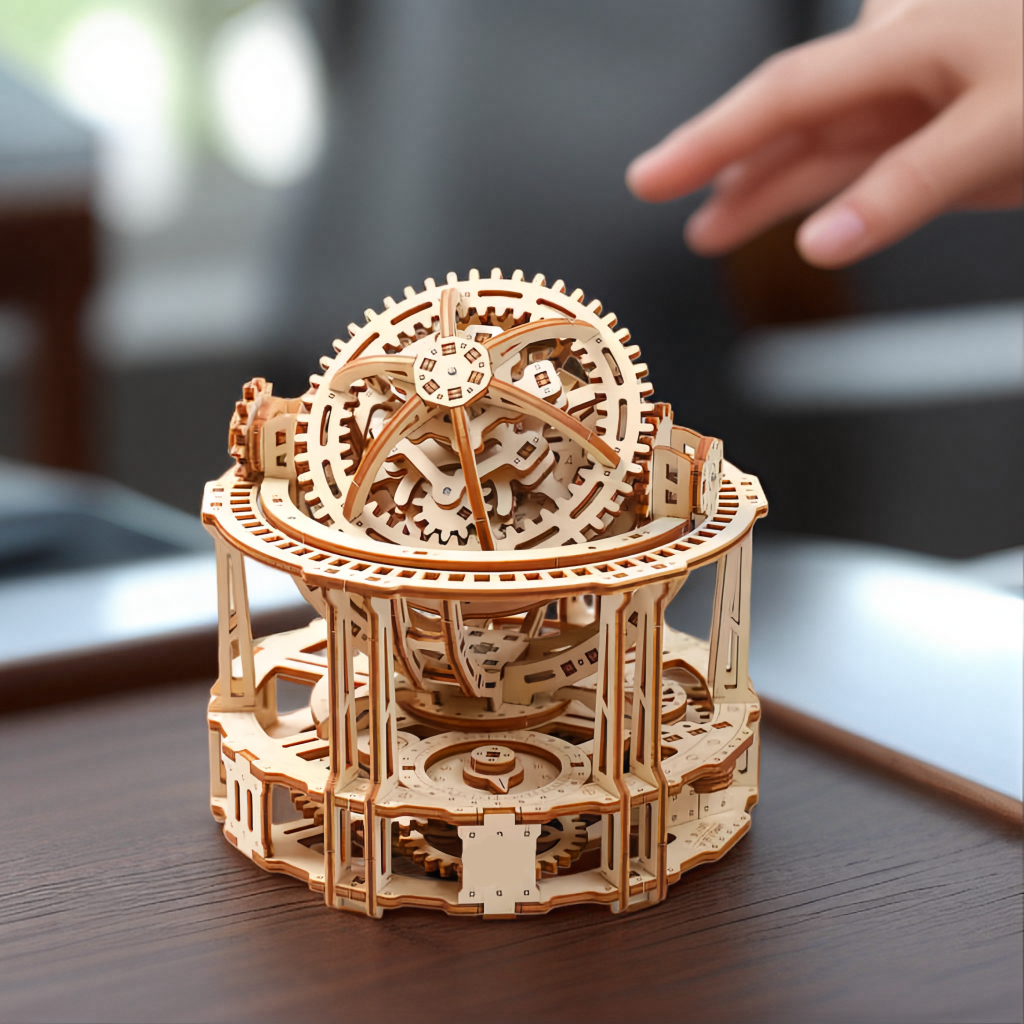 Mechanical tourbillon model with a rotating escapement that turns on two axes to show real watch movement in wood