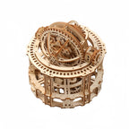 Intermediate to advanced wooden tourbillon puzzle that builds a working kinetic clock for adult hobbyists and gift fans