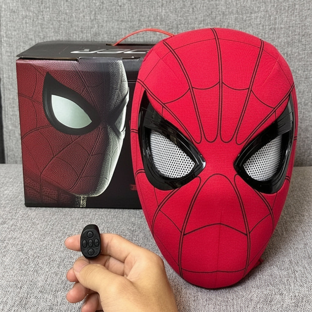 spiderman mask with moving eyes and blinking led lights, wearable cosplay mask for adults and halloween superhero costume parties SPIDERMAN-MK_RED_CHIN SPIDERMAN-MK_RED_RING_STD SPIDERMAN-MK_RED_RING_LED SPIDERMAN-MK_BLK_CHIN SPIDERMAN-MK_BLK_RING_STD SPIDERMAN-MK_BLK_RING_LED