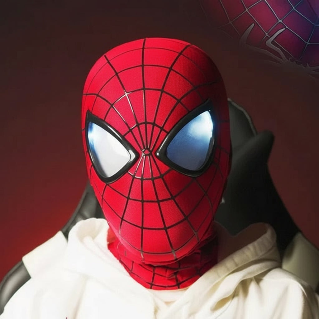 spiderman mask with moving eyes and usb rechargeable battery, breathable lycra cosplay mask for adults and comic con costume SPIDERMAN-MK_BLK_CHIN