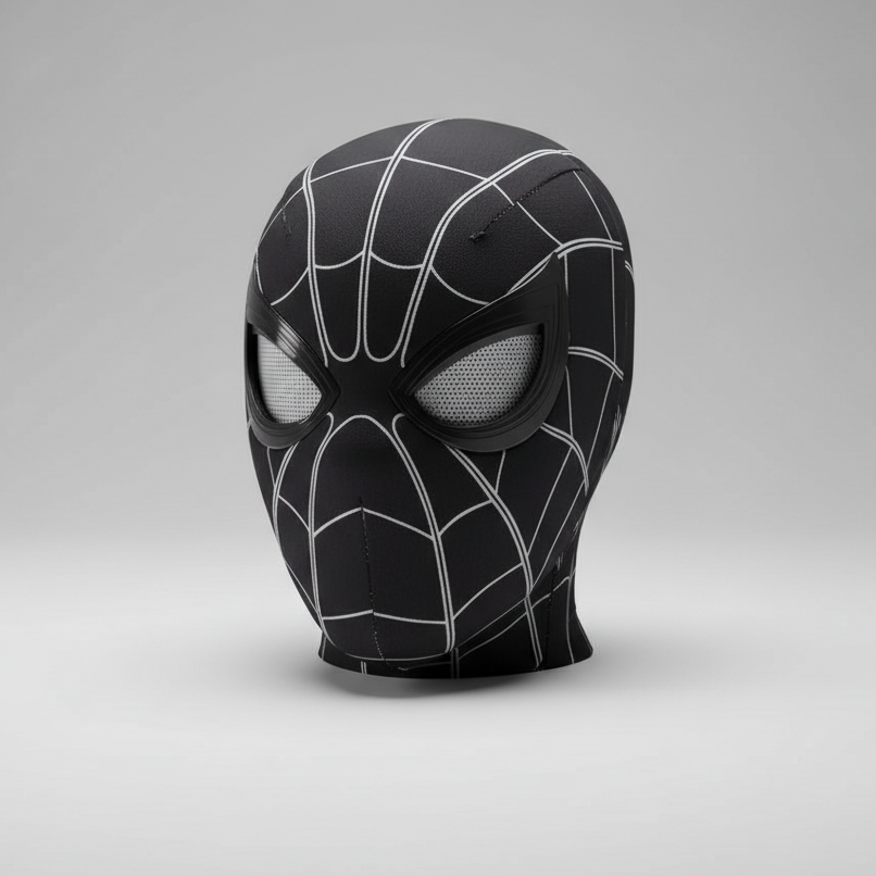 black spiderman mask with moving eyes and led lights, wearable superhero cosplay mask for adults and comic con costume events SPIDERMAN-MK_BLK_CHIN