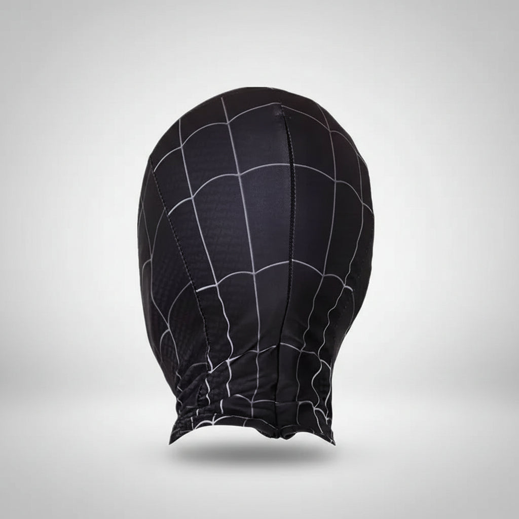 black spiderman mask with breathable lycra hood and moving eyes, cosplay mask for adults and halloween superhero costume nights SPIDERMAN-MK_BLK_RING_STD