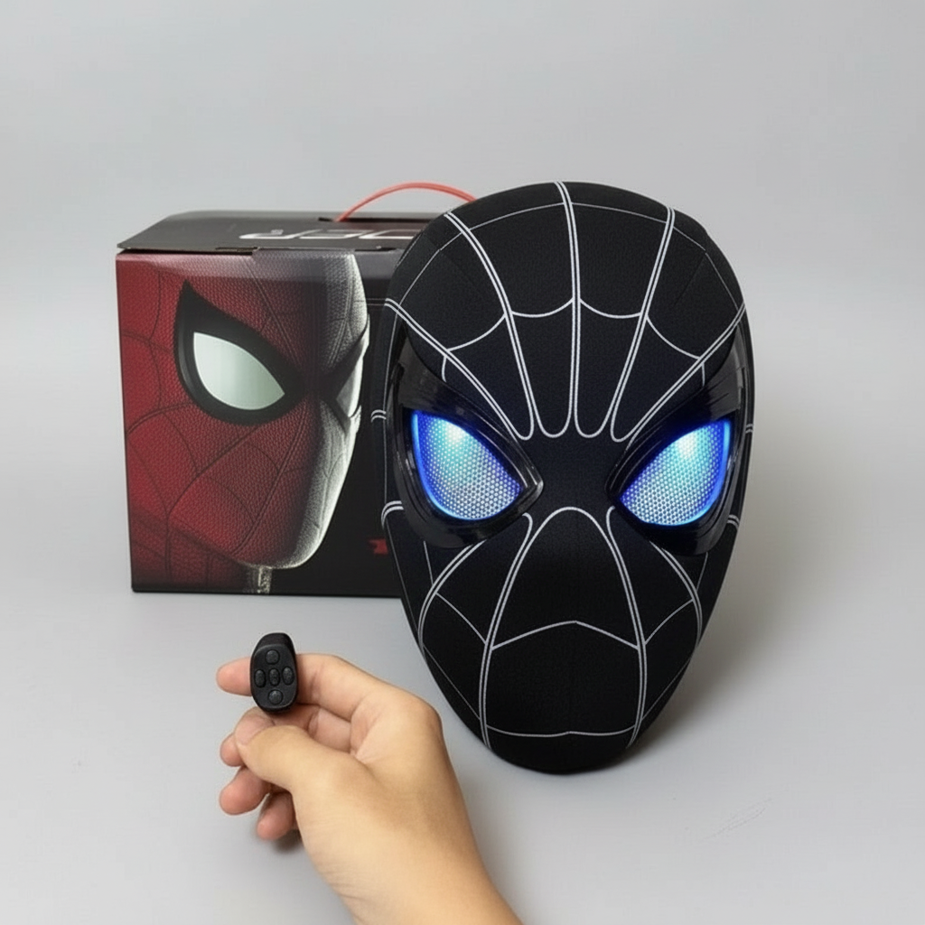 black spiderman mask with glowing blue led eyes next to its box, usb rechargeable cosplay mask for adults and halloween parties SPIDERMAN-MK_BLK_RING_LED