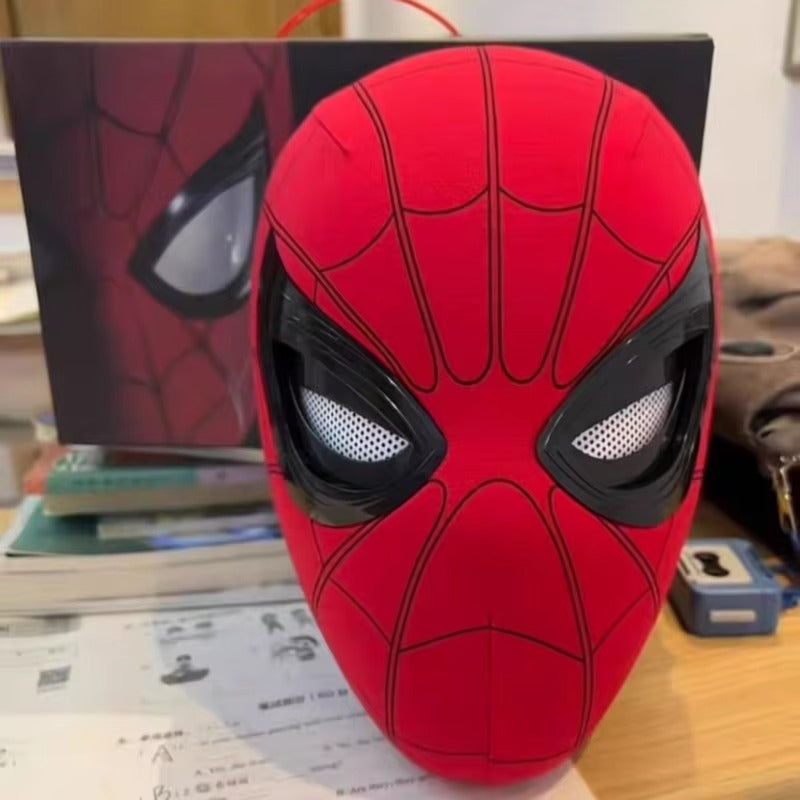 red spiderman mask with moving eyes and led lights, cosplay mask for adults and halloween superhero costume at comic con parties SPIDERMAN-MK_RED_RING_STD