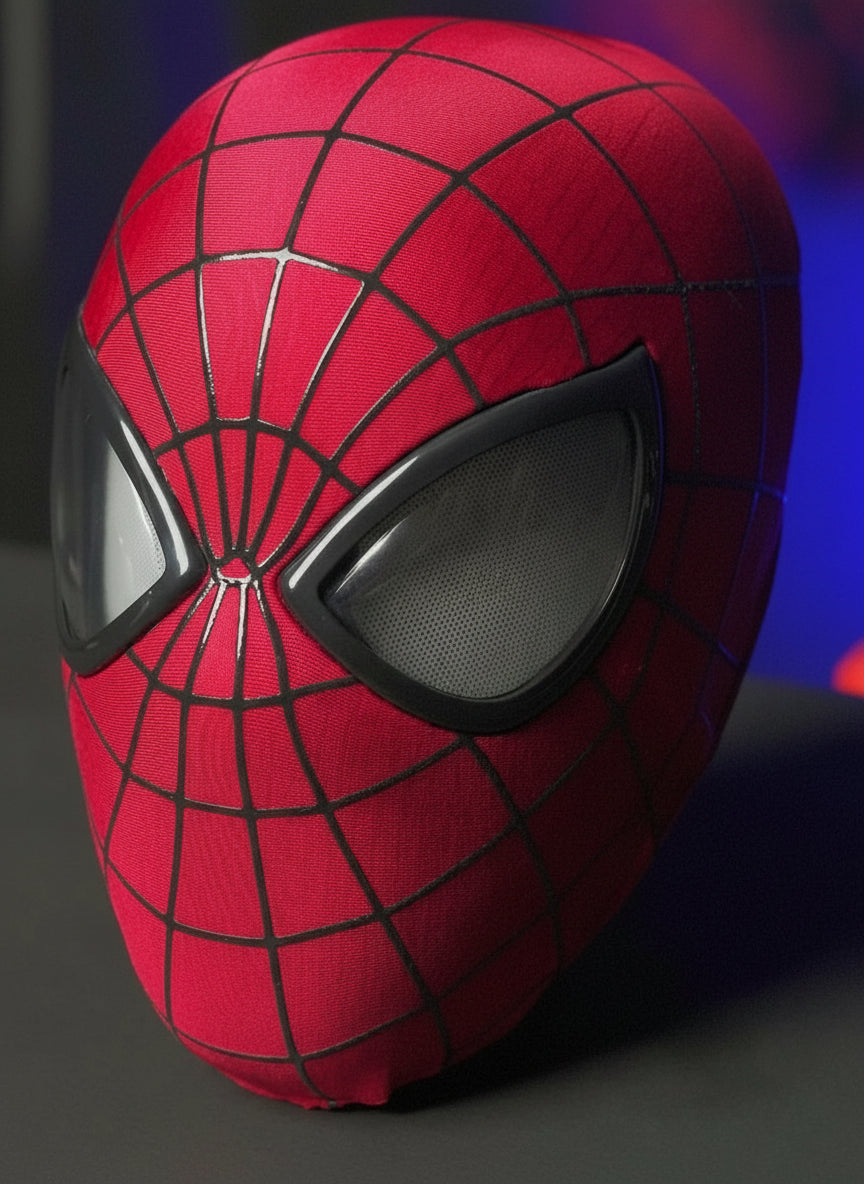 red spiderman mask with intricate black web pattern and moving eyes, halloween superhero cosplay mask for adults and comic con SPIDERMAN-MK_RED_CHIN