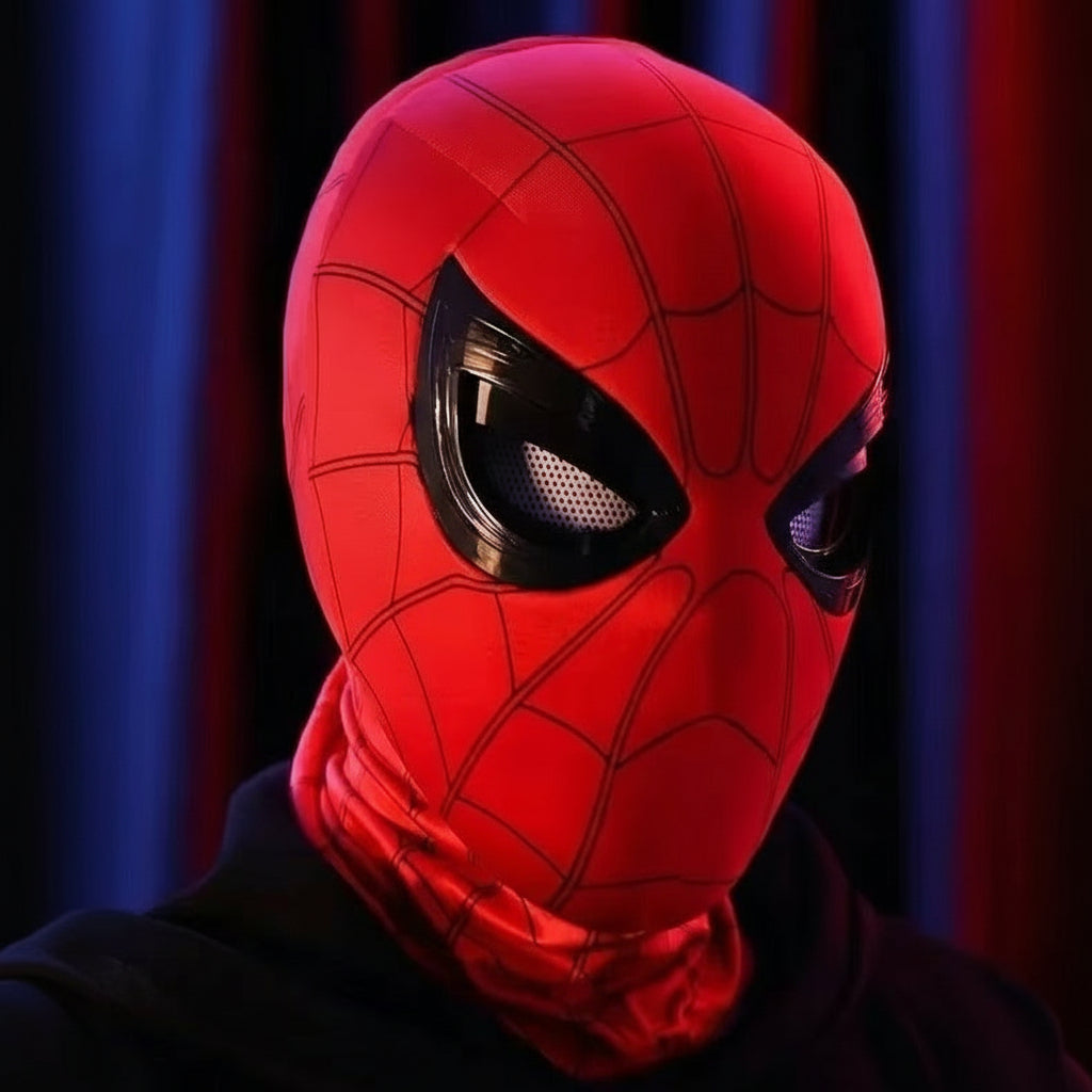 red spiderman mask with blinking led eyes and moving lenses, breathable cosplay mask for adults and comic con superhero costume SPIDERMAN-MK_RED_RING_LED