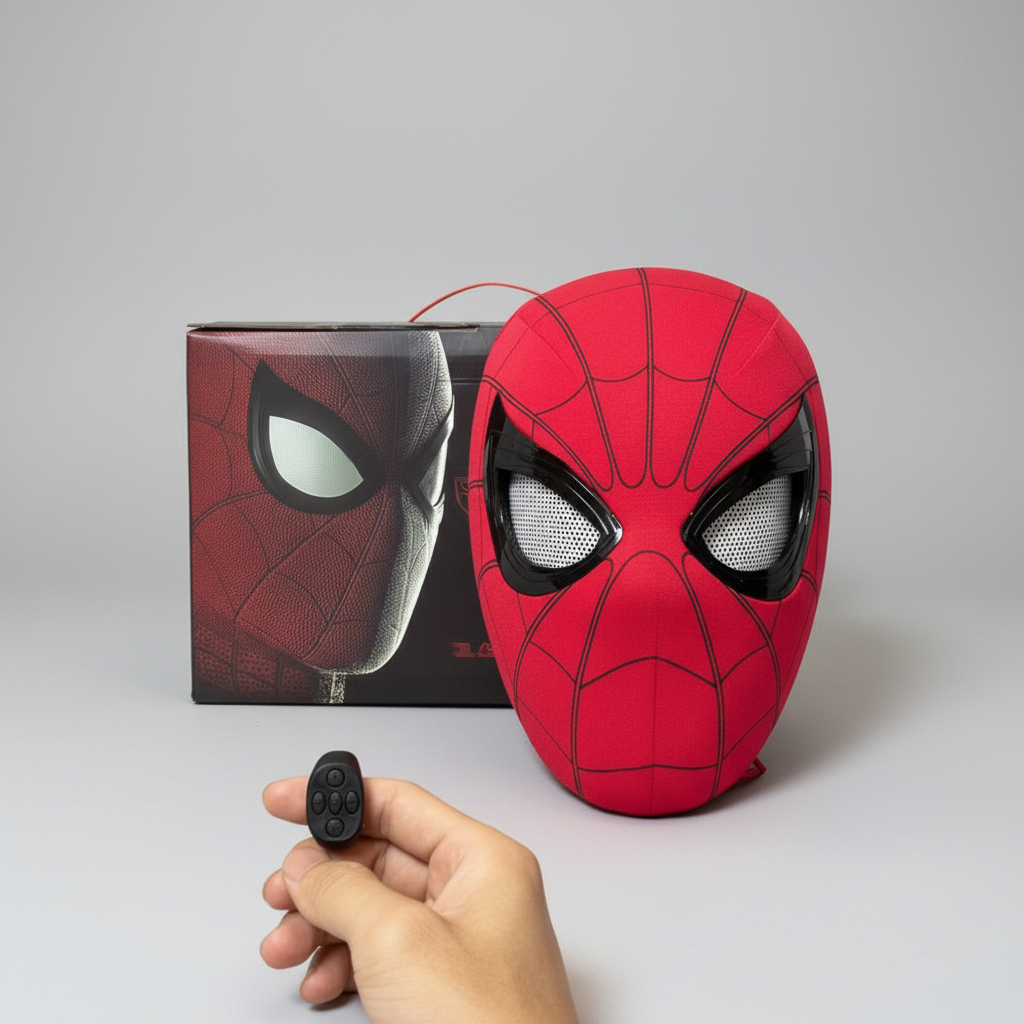 red spiderman mask with moving eyes and blinking led lights, halloween superhero cosplay mask for adults and comic con costume SPIDERMAN-MK_RED_CHIN SPIDERMAN-MK_RED_RING_STD SPIDERMAN-MK_RED_RING_LED