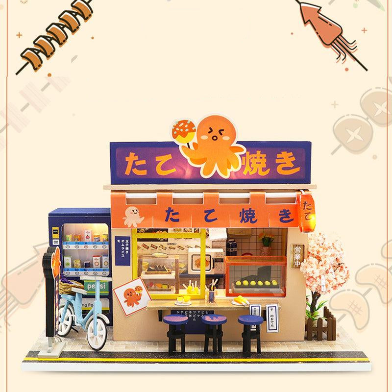 Takoyaki shop miniature dollhouse kit in 1:24 scale, a lit Japanese street food stall for adult model makers and gifts