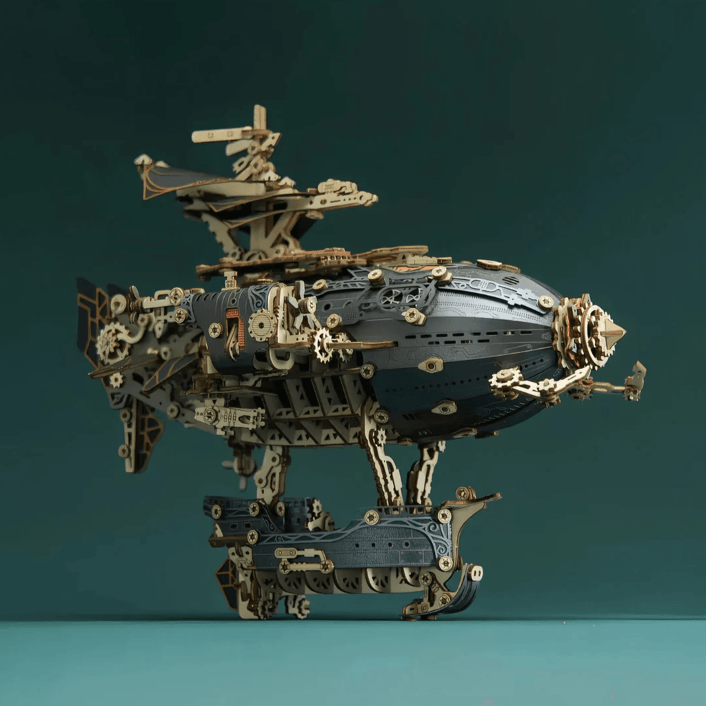 Steampunk zeppelin wooden puzzle as a shelf and mantel centerpiece, a mechanical airship model for steampunk decor Blue