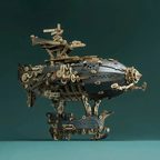 Steampunk zeppelin wooden puzzle as a shelf and mantel centerpiece, a mechanical airship model for steampunk decor Blue