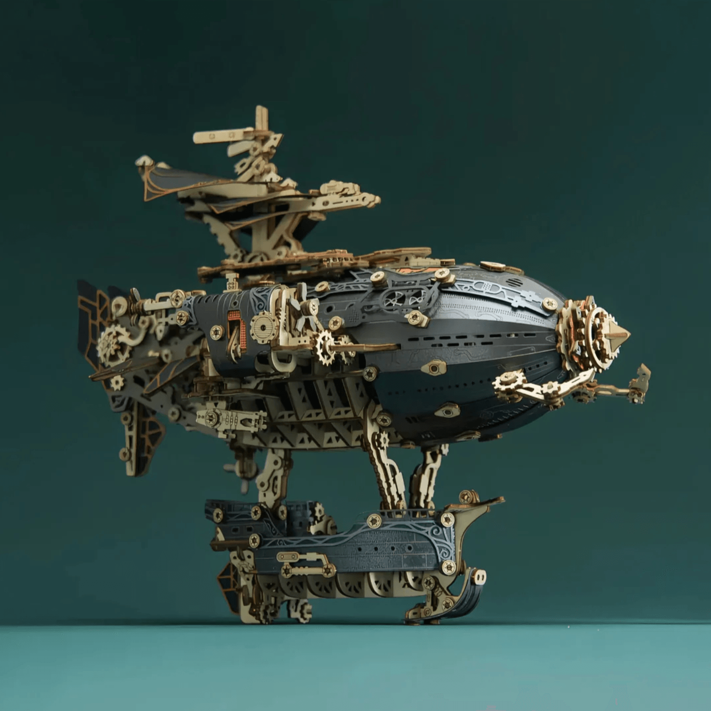 Steampunk zeppelin wooden puzzle as a shelf and mantel centerpiece, a mechanical airship model for steampunk decor Blue