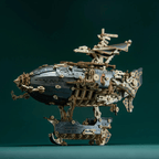 Nautical steampunk airship wooden model kit, a lit flying vessel collectible for desk, office, and living room decor Blue