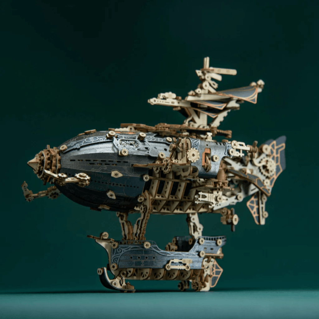 Challenging 628 part wooden airship puzzle with a 6 to 7 hour build, an advanced mechanical kit for adult hobbyists Blue