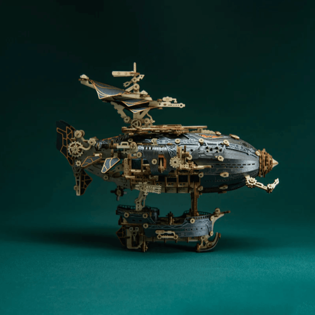 Steampunk airship model with hidden LED lighting and turning gears, an industrial wooden puzzle for game room decor Blue